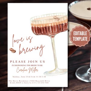 Espresso Martini Love is Brewing Bridal Shower Invite Editable Digital Template, A Tini Bit Closer to Happily Ever After, Printable Invite
