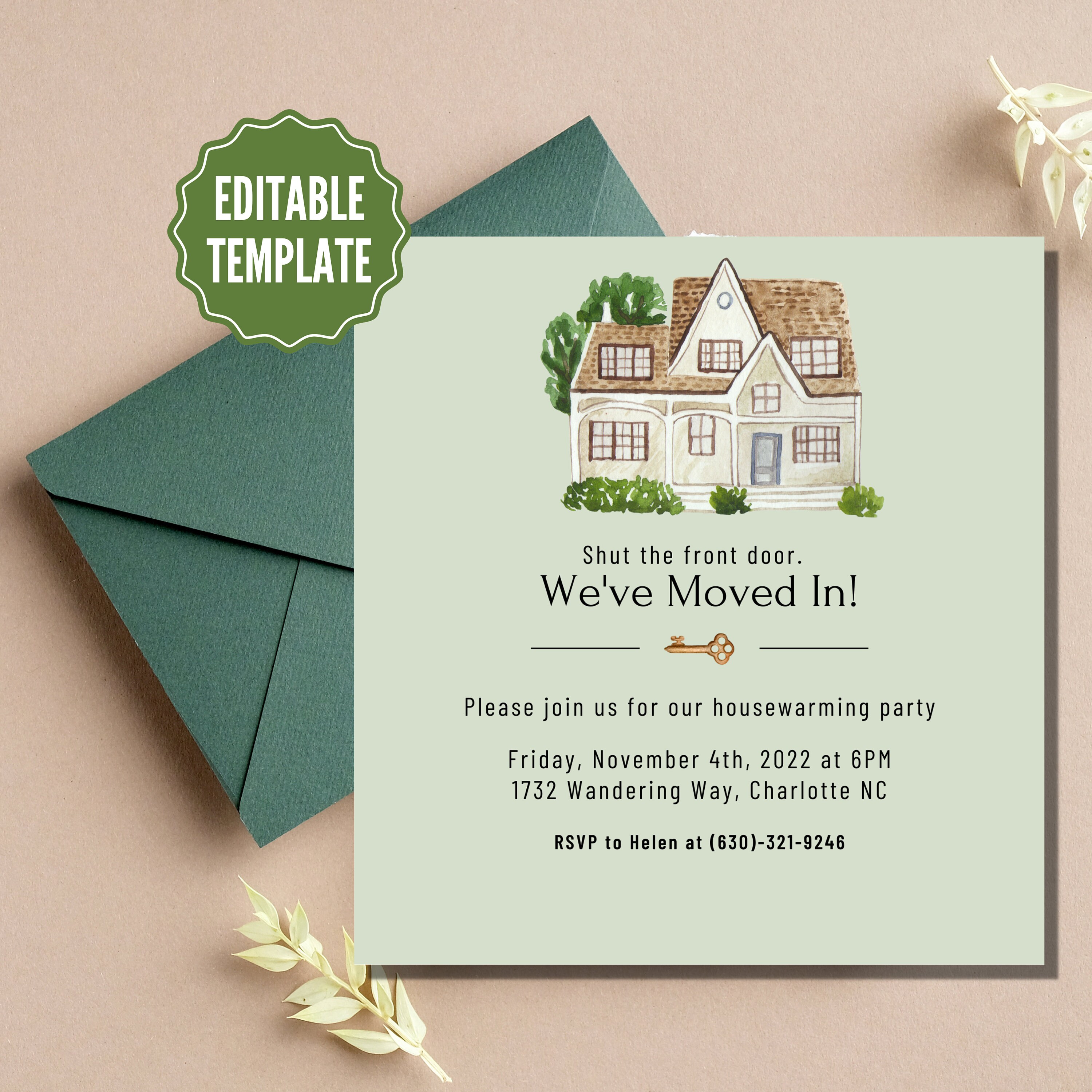 Watercolor Housewarming Invite, Sage Green Housewarming Invite, Custom ...