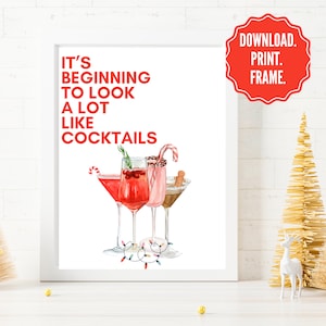 It&#39;s Beginning to Look a Lot Like Cocktails, Christmas Cocktails Wall Art, Candy Cane Martini, Festive Christmas Holiday Bar Cart Art Decor