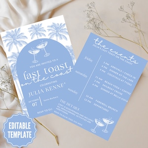 Coastal Bachelorette Invite + Itinerary, Beach Bachelorette, Last Toast on the Coast Theme, Coastal Grandmother, Blue and White Bachelorette