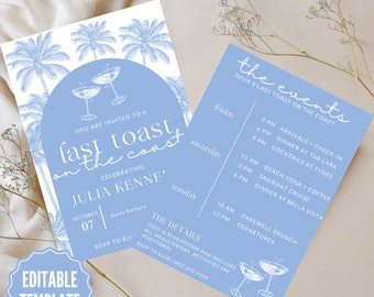 Coastal Bachelorette Invite + Itinerary, Beach Bachelorette, Last Toast on the Coast Theme, Coastal Grandmother, Blue and White Bachelorette