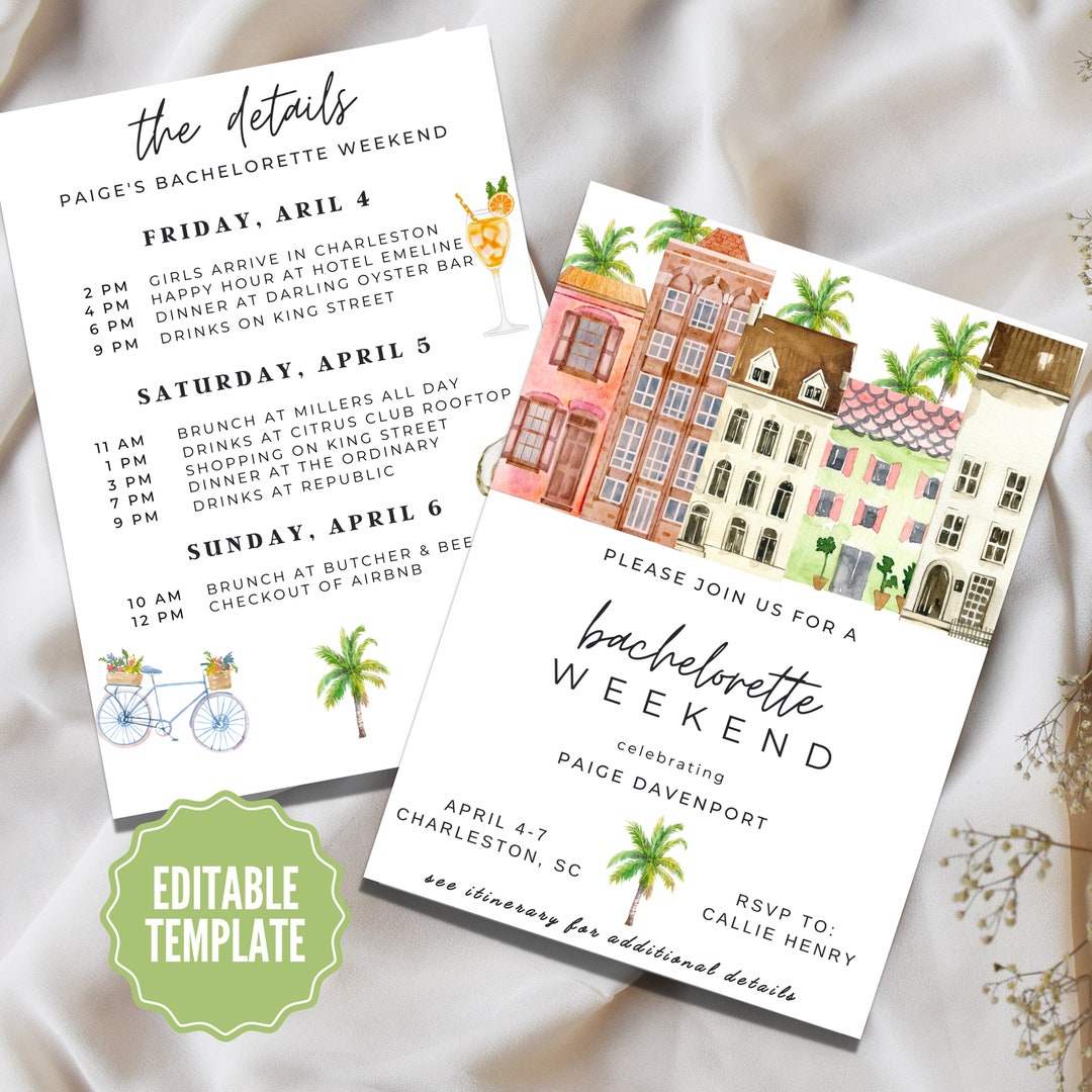 Charleston Watercolor Bachelorette Itinerary Template, Customize ...