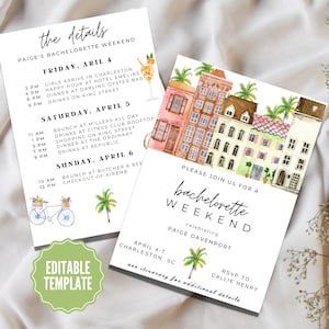 Charleston Aquarell Bachelorette Reiseplan, Anpassen Download & drucken oder verwenden Sie Mobile Vorlage, Charleston Girls Wochenend Reiseplan