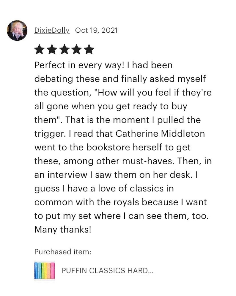 Puede incluir: Cinco estrellas de calificaci&oacute;n para un conjunto de libros de tapa dura de Puffin Classics. El autor de la rese&ntilde;a menciona que se inspir&oacute; para comprar los libros despu&eacute;s de ver a Catherine Middleton con ellos.