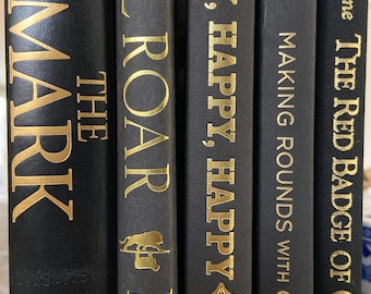BLACK and GOLD Decorative BOOKS - 5 Color Block Books in Black with Gold Lettering. Great bookshelf fillers or for Coffee Table.