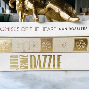 May include: A stack of three decorative books with white and gold covers. The top book reads "Promises of the Heart" by Nan Rossiter. The middle book is "The Hundred Secret Senses" by Amy Tan. The bottom book is "Dazzle" by Judith Krantz.