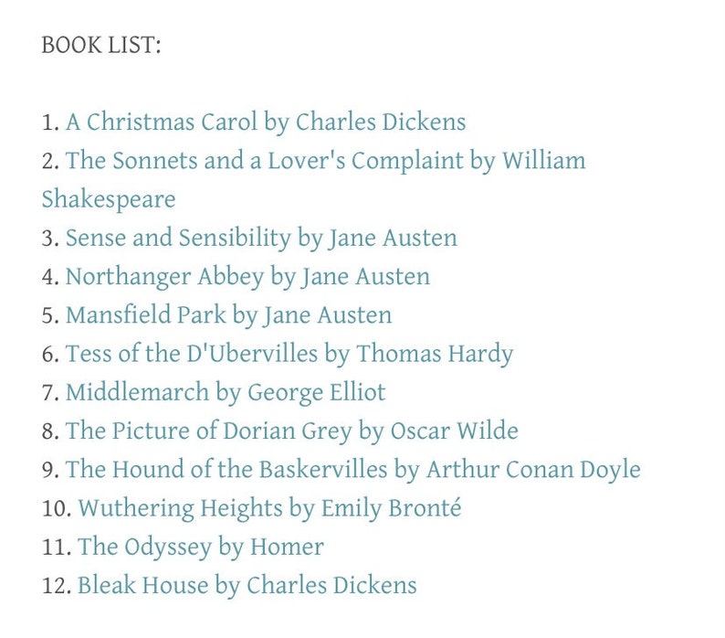 Puede incluir: Una lista de 12 libros con sus t&iacute;tulos y autores. La lista incluye novelas cl&aacute;sicas como "Un cuento de Navidad" de Charles Dickens, "Sentido y Sensibilidad" de Jane Austen y "La Odisea" de Homero.