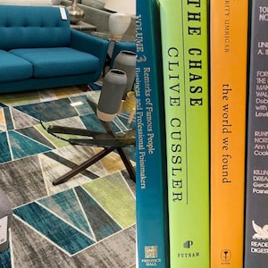 May include: A teal blue sofa with a geometric patterned rug in shades of gray, teal, and yellow. A glass coffee table with a black metal base sits on the rug. A bookshelf with five books is shown on the right side of the image. The books are titled "The Chase" by Clive Cussler, "The World We Found" by Thrity Umrigar, and "To the North" by Linda A. S.  The books are all in different colors and have different publishers.