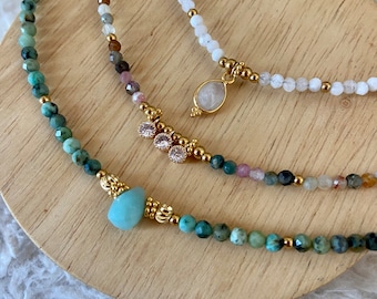 Semi-precious stone necklace, African turquoise, moonstone, tourmaline