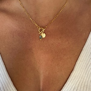 May include: A gold chain necklace with a toggle clasp and a small round pendant with a blue gemstone.