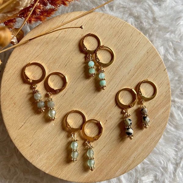 Boucles d’oreilles acier avec pierre semi précieuses ( jaspe dalmatien / aventurine / labradorite / amazonite