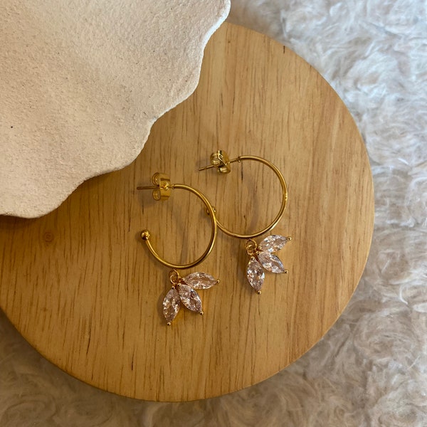 Boucles d’oreilles acier avec breloque fleur en zircon