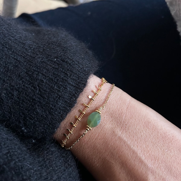 Bracelet double en acier inoxydable avec nacre/ jade vert