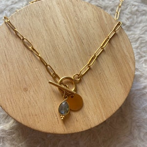 May include: A gold chain necklace with a toggle clasp and a pendant featuring a teardrop-shaped blue gemstone and a round disc.