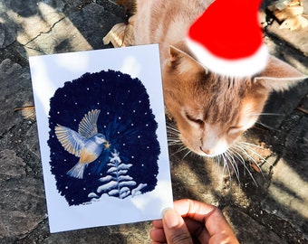 Illustrazione della cartolina di Natale Stella di uccello abete matite colorate neve stampa opaca