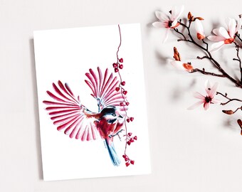 Carte amour, illustration mésange crayons de couleur impression mate mésange amoureuse