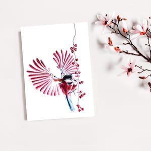 Carte amour, illustration mésange crayons de couleur impression mate mésange amoureuse