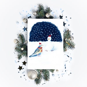 Carte bonoiseau de neige illustration bonhomme de neige oiseau impression mate crayons de couleur image 4
