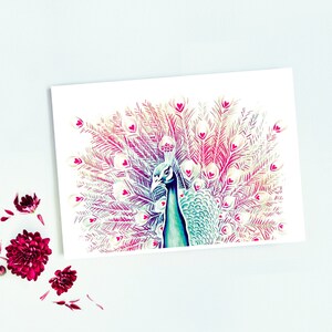 Cartão de amor, ilustração de pavão lápis de cor impressão fosca cartão postal A6 Feliz Dia das Mães imagem 4