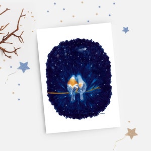 Carte romantique, illustration oiseaux crayons de couleur impression mate duo oiseaux amoureux sous les étoiles image 2