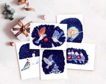 Lot of Christmas cards, bird illustrations colored pencils 5 Merry Christmas cards matte print cuteness