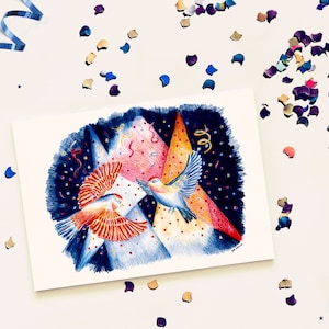Carte bamboche, illustration oiseaux fête crayons de couleur carte postale A6 impression mate