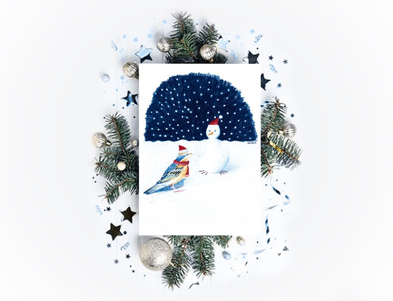 Carte bonoiseau de neige illustration bonhomme de neige oiseau impression mate crayons de couleur image 4