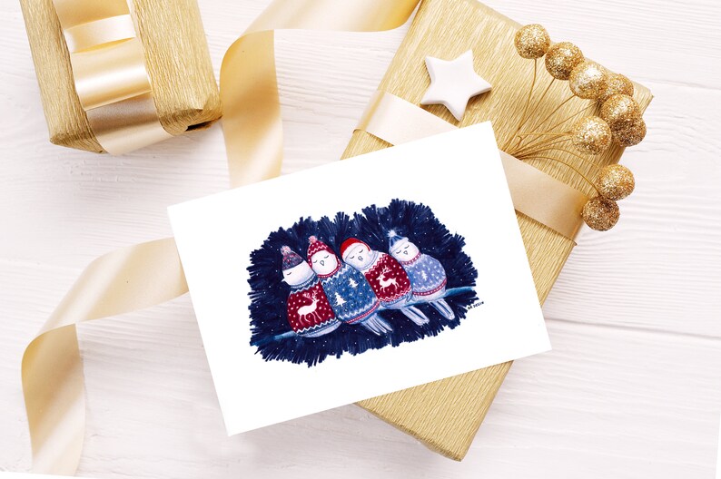 Carte de Noël, carte oiseaux mignons, carte illustration oiseaux, carte postale, pull joyeux Noël, carte joyeuses fêtes, carte illustrée image 4