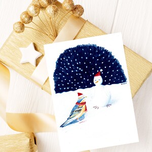 Carte bonoiseau de neige illustration bonhomme de neige oiseau impression mate crayons de couleur image 2