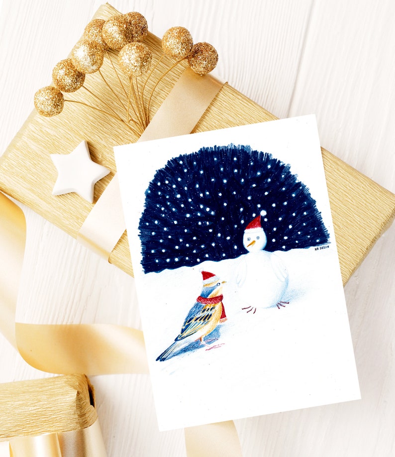Carte bonoiseau de neige illustration bonhomme de neige oiseau impression mate crayons de couleur image 2