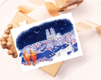 Romantic night Orléans card, starry night, colored pencils matte print duo birds in love under the stars, new year