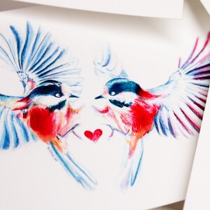 Carte amour fou, oiseaux amoureux illustration crayons de couleur impression mate carte A6 amour amour amooooouur image 3