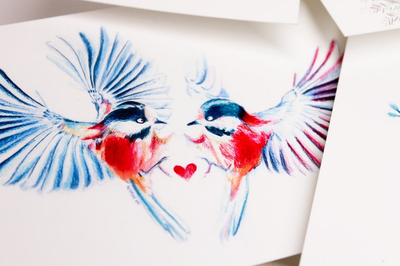 Carte amour fou, oiseaux amoureux illustration crayons de couleur impression mate carte A6 amour amour amooooouur image 3