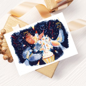 Carte anniversaire oiseaux, illustration crayons de couleur impression mate oarte postale A6 oiseaux gateau anniversaire
