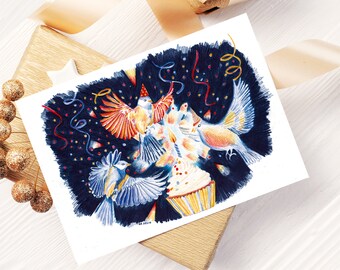 Cartão de aniversário de pássaros, ilustração a lápis de cor, impressão fosca, cartão postal A6, bolo de aniversário de pássaros
