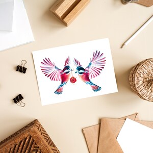cartão de amor, ilustração pássaros apaixonados lápis de cor cartão postal A6 impressão fosca imagem 4