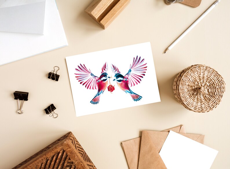 cartão de amor, ilustração pássaros apaixonados lápis de cor cartão postal A6 impressão fosca imagem 4