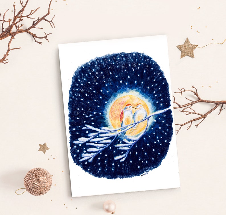 Cartão de amantes, amor sob a neve, ilustrações de pássaros, cartão de amor, luar, casal de pássaros imagem 1