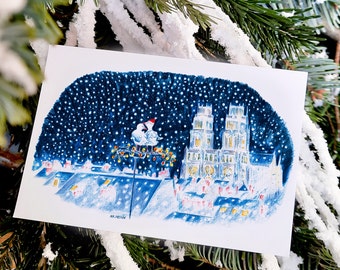 Carte  romantique, nous deux à Orléans, câlin, neige crayons de couleur impression mate duo oiseaux amoureux sous les étoiles