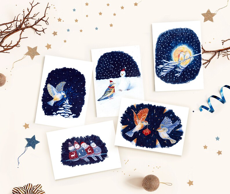 Carte de Noël, carte oiseaux mignons, carte illustration oiseaux, carte postale, pull joyeux Noël, carte joyeuses fêtes, carte illustrée image 5