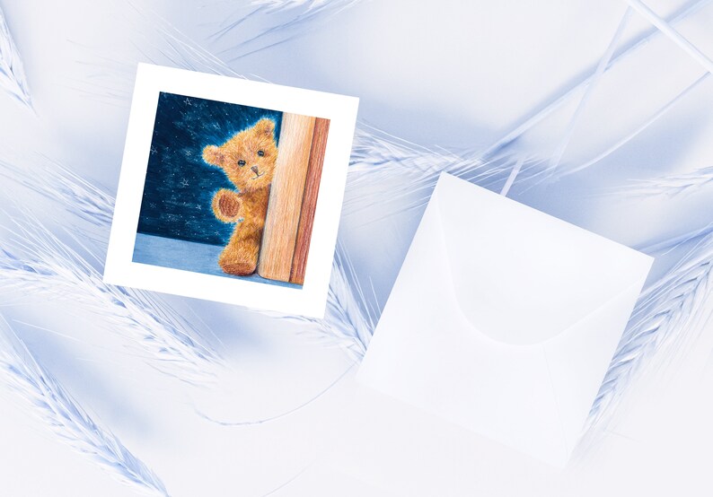 Carte naissance ourson + enveloppe illustration crayons de couleur impression mate carte postale carrée enveloppe carrée petit ours brun image 4