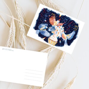 Cartão de aniversário de pássaros, ilustração a lápis de cor, impressão fosca, cartão postal A6, bolo de aniversário de pássaros imagem 4