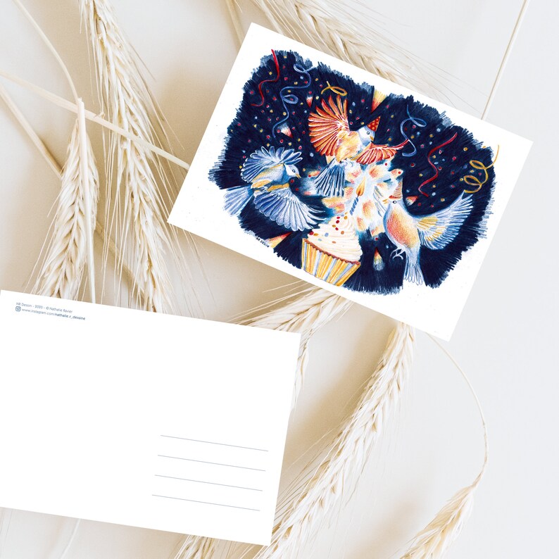 Cartão de aniversário de pássaros, ilustração a lápis de cor, impressão fosca, cartão postal A6, bolo de aniversário de pássaros imagem 4
