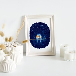 Carte romantique, illustration oiseaux crayons de couleur impression mate duo oiseaux amoureux sous les étoiles image 4