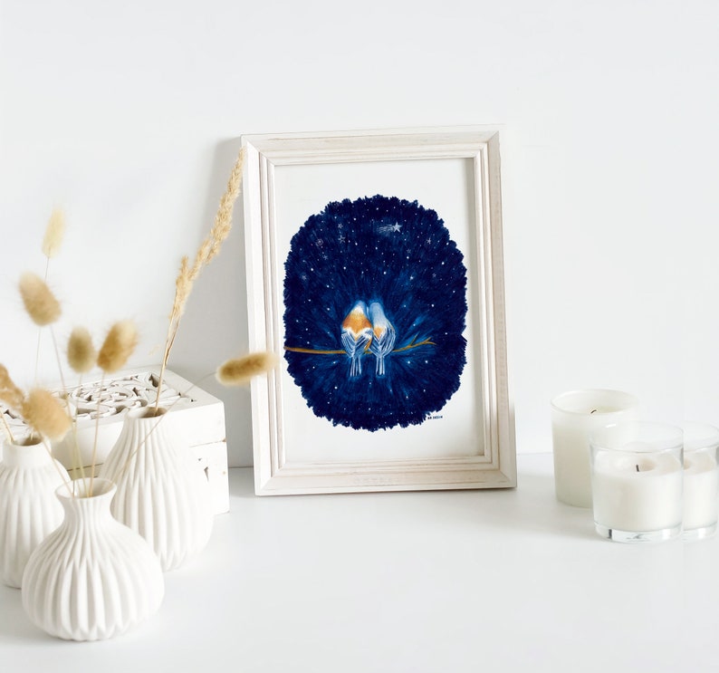 Carte romantique, illustration oiseaux crayons de couleur impression mate duo oiseaux amoureux sous les étoiles image 4