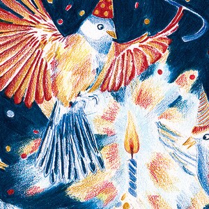 Cartão de aniversário de pássaros, ilustração a lápis de cor, impressão fosca, cartão postal A6, bolo de aniversário de pássaros imagem 5