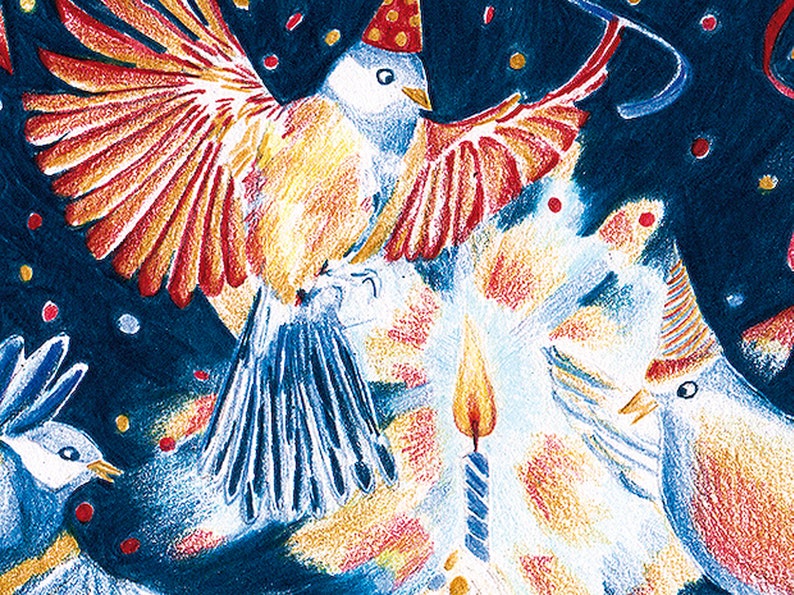 Cartão de aniversário de pássaros, ilustração a lápis de cor, impressão fosca, cartão postal A6, bolo de aniversário de pássaros imagem 5