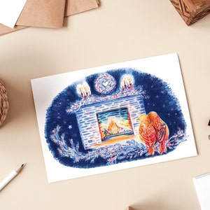 Carte nuit romantique, feu de cheminée, illustration, crayons de couleur impression mate oiseaux amoureux