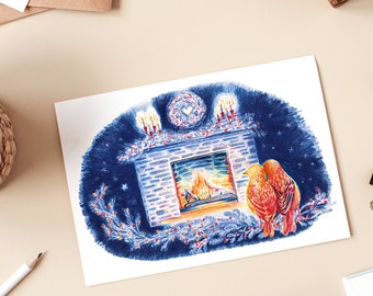 Carte nuit romantique, feu de cheminée, illustration, crayons de couleur impression mate oiseaux amoureux