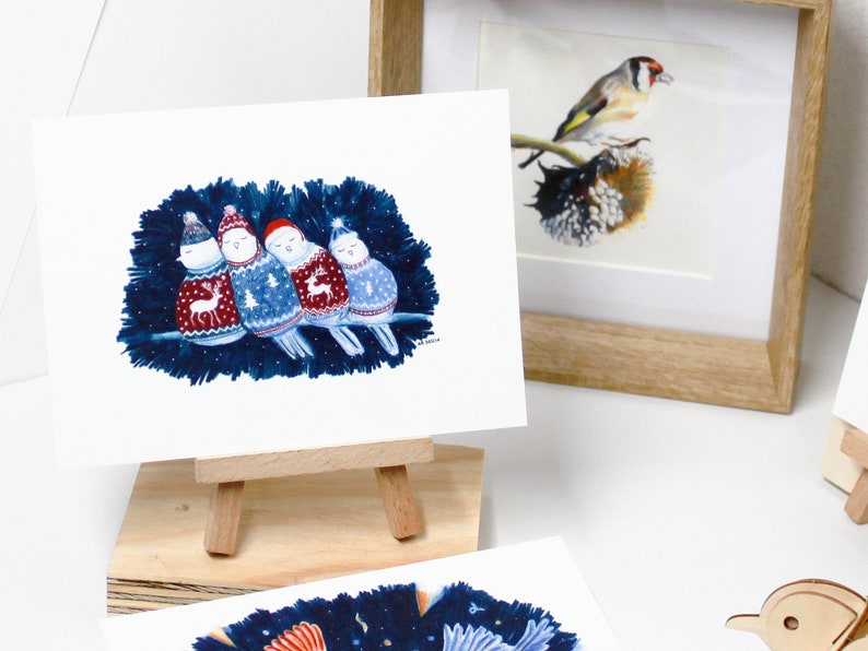 Carte de Noël, carte oiseaux mignons, carte illustration oiseaux, carte postale, pull joyeux Noël, carte joyeuses fêtes, carte illustrée image 7